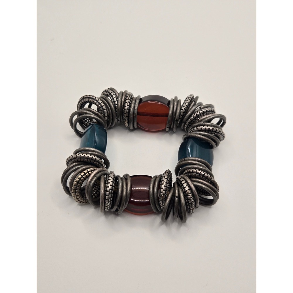 Chunky Antique Silver Tone Metal Ring & Resin Bead Stretch Statement Bracelet